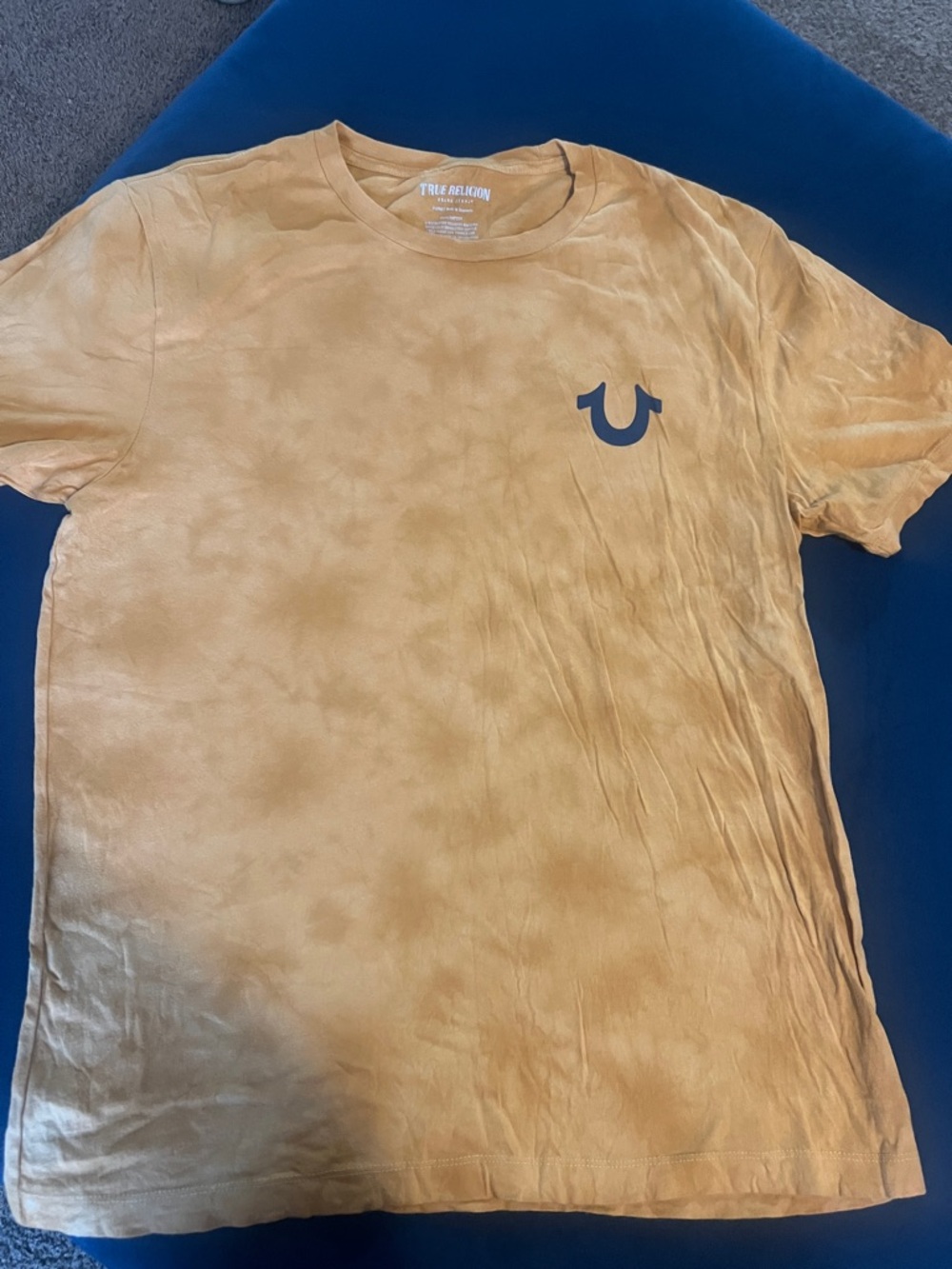 True Religion Men's Tan Tie-Dye Crewneck T-Shirt with Navy Logo